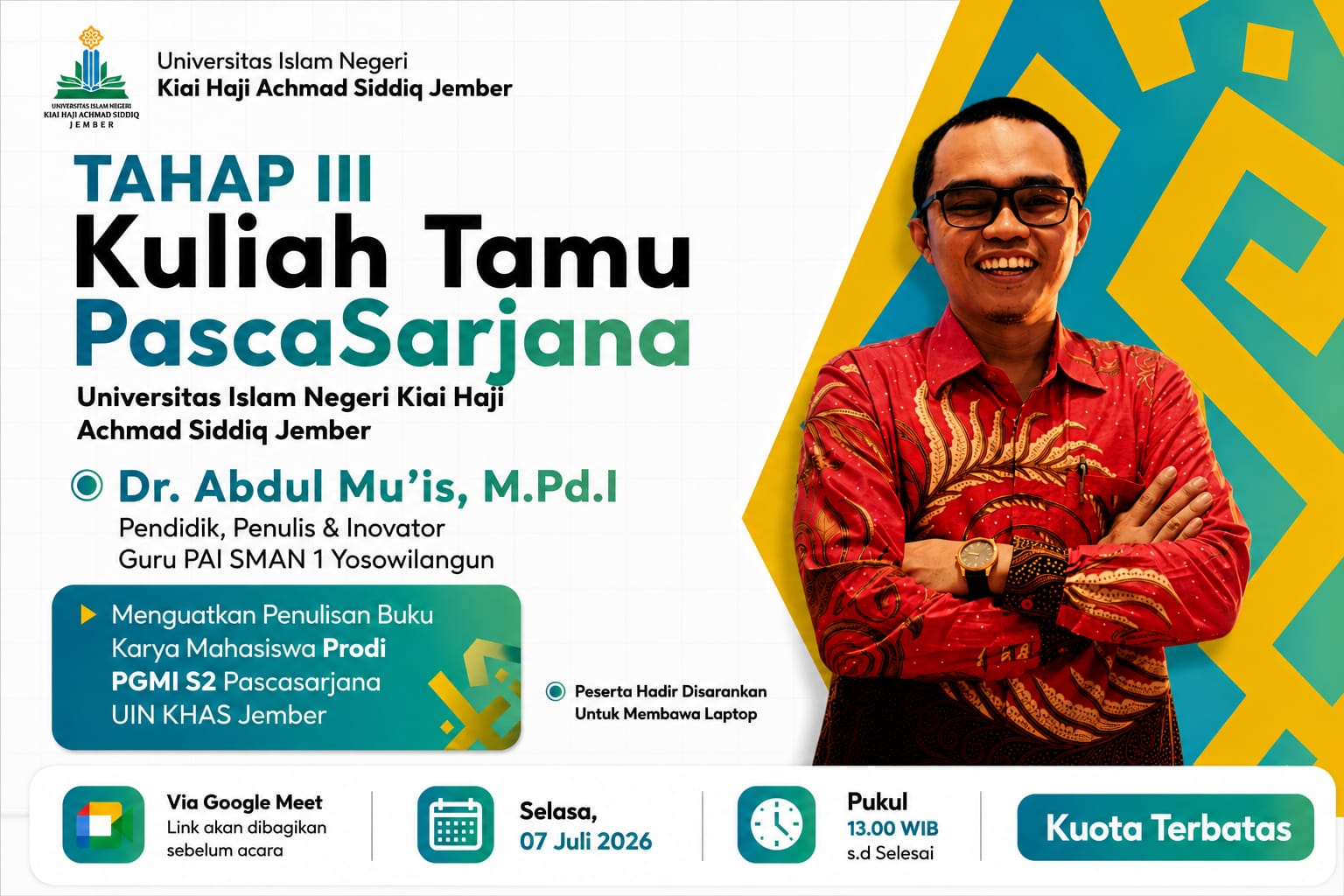 Kuliah Tamu Putaran III PGMI S2 UIN KHAS Jember: Perkuat Kualitas Naskah Menuju Buku Ber-ISBN dan HKI